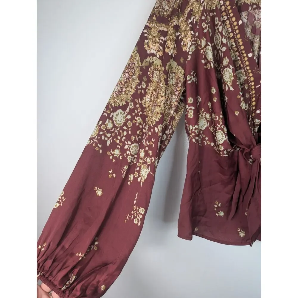 Free People Run Free Floral Tie Button Front Long Sleeve Blouse Boho